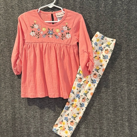 Little lass Pink, coral floral embroidered toddler girl, top and leggings set 3T - Picture 2 of 9